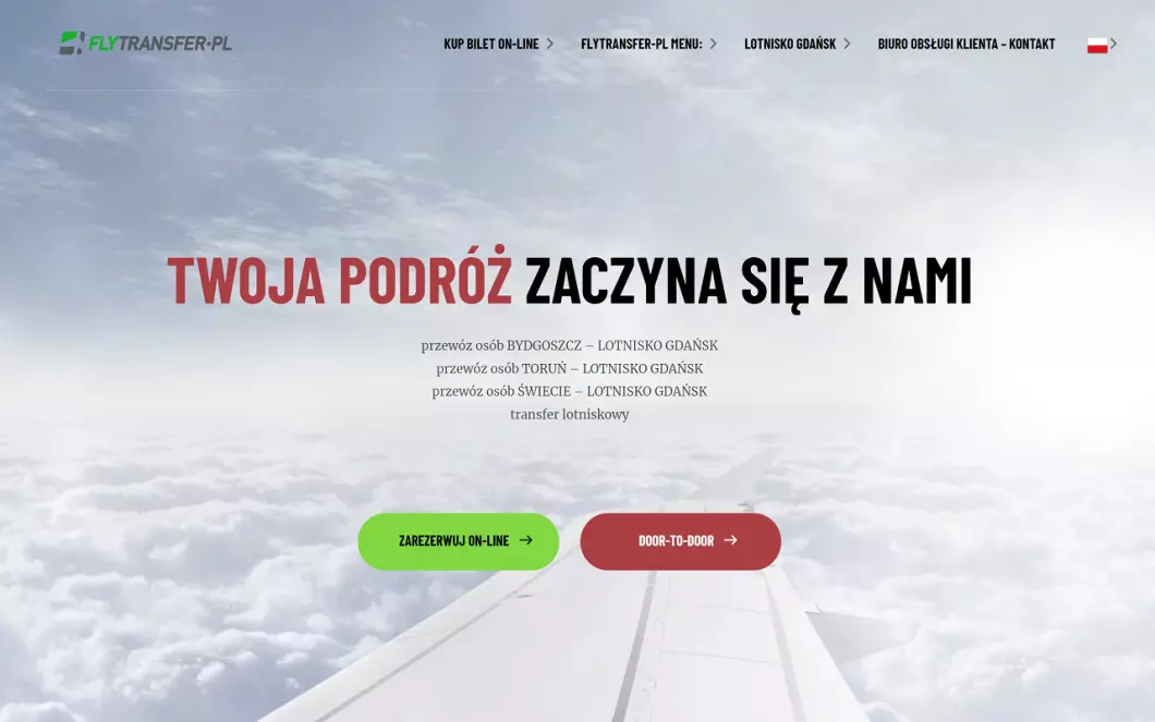 Zrzut ekranu strony Busy na lotnisko Gdańsk - FLYTRANSFER.PL